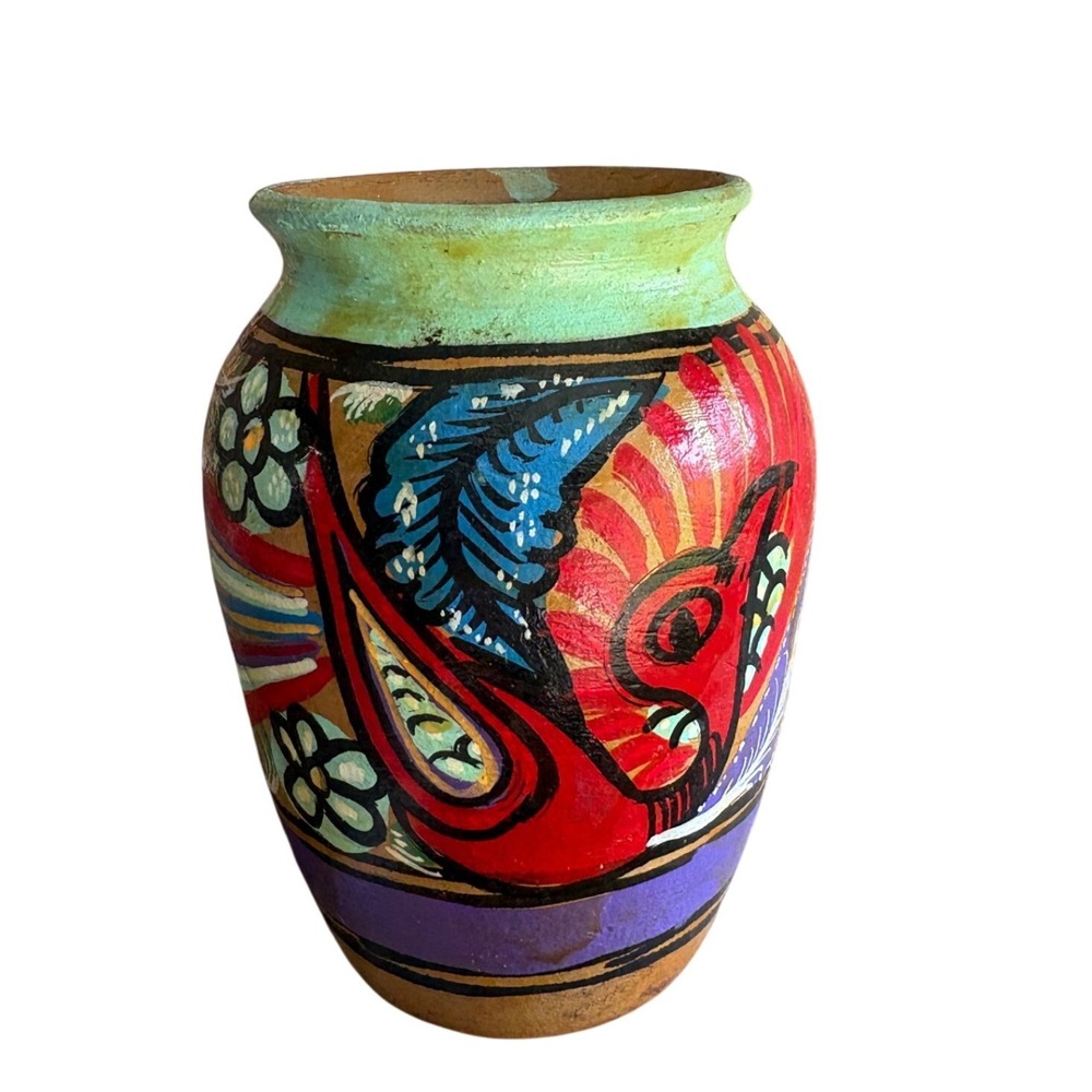 Vtg Mexican Folk Art Pottery Vase Hand Painted Terracotta Red Clay Bird Flower4"